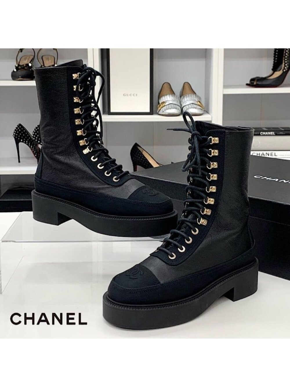 Chanel Calfskin Coco Mark Lace Up Short Boots Black - Picture 2 of 11